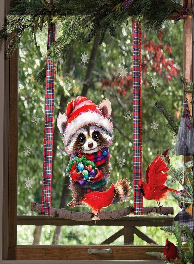 GRITOSE 1pcs Christmas Window Cling 11.8inch Christmas Hat Raccoon Designs Xmas Double-Sided Snowflake Windows Stickers Cute Cartoon Decals for Glassy Decor for Holiday Home Party Office Room Supplies - Image 4